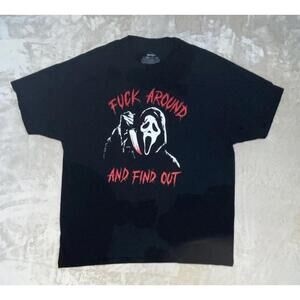 Ghost Face Scream Movie T-Shirt Mens 2XL Black Around & Find Out Halloween FLAWS
